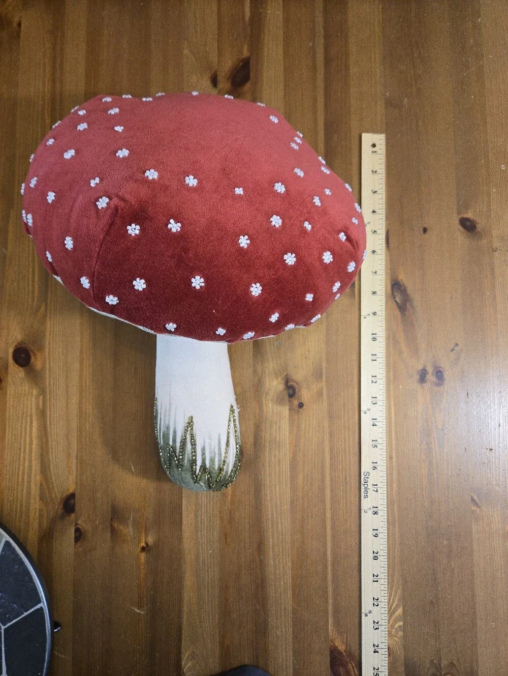 John Derian Red & White Mushroom Plush Decorative Beaded Throw Pillow Fall Decor